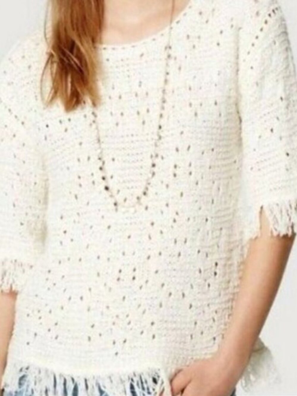LOFT Cream Open Knit Sweater Size Medium‎ Fringe Hem Boho Pullover